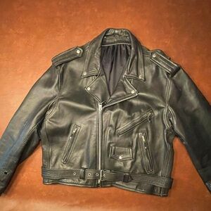 Classic Black Leather Biker Jacket Size 50